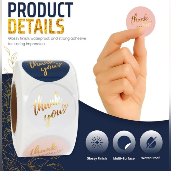 500 PCS Thank You Stickers Roll, 1.5" Gold Foil (Black, Pink, White, Navy) NEW! - Picture 2 of 2